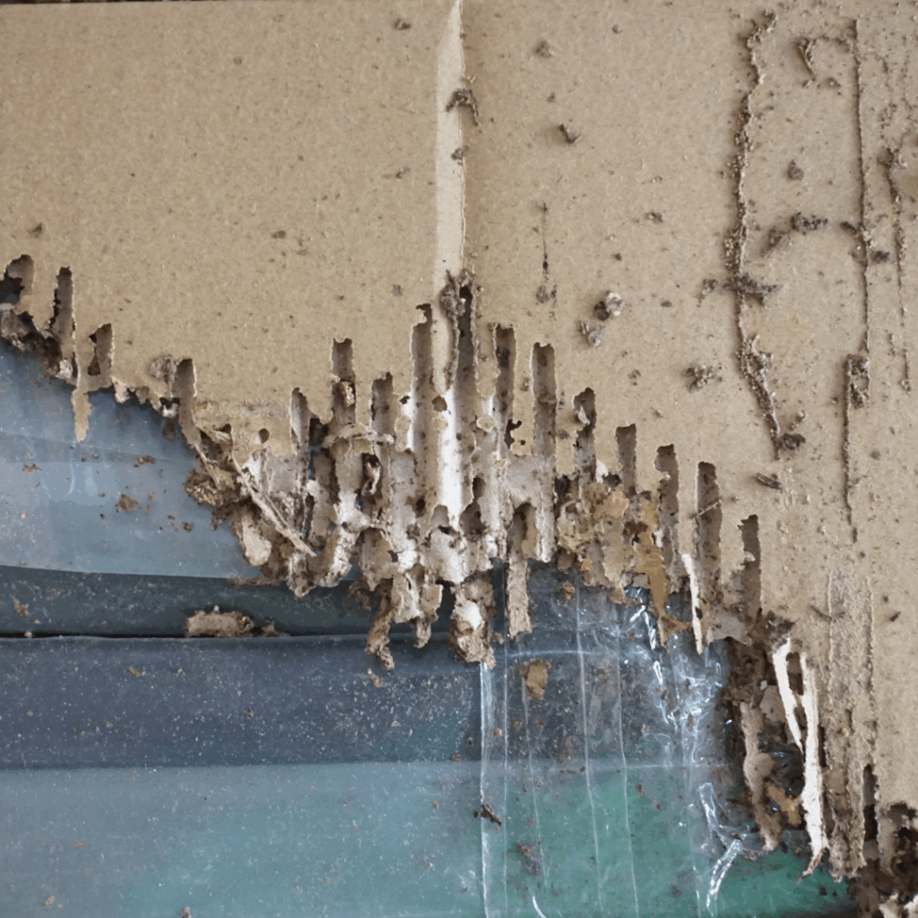 Close-up of termite infestation and wood damage — Arete Pest Control professional termite removal and prevention services.