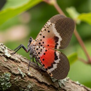 Spotted Lanternfly on a tree branch in a Georgia garden, highlighting its unique features